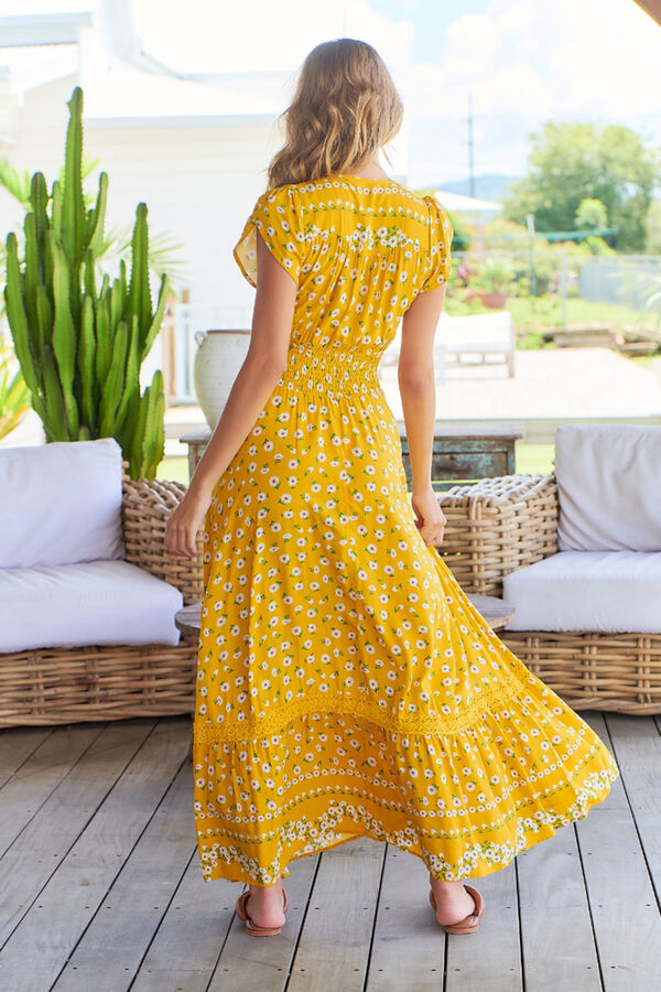 Cortefiel V-neck maxi dress Printed yellow
