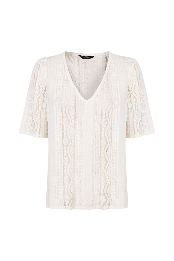 Cortefiel Top encaja escote pico Blanco