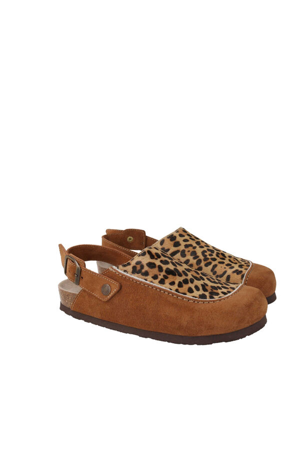 Genuins Zueco piel animal print Marr&oacute;n