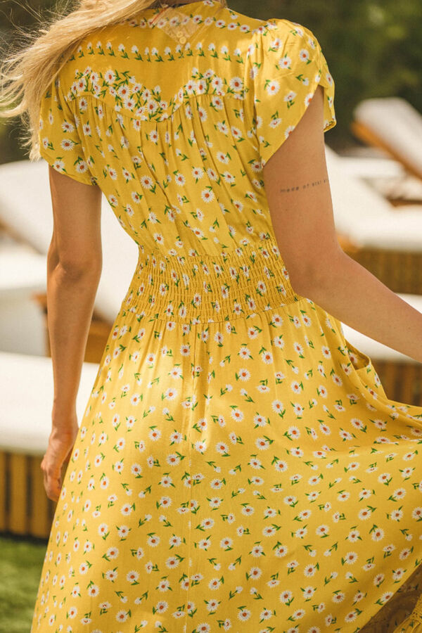 Cortefiel Vestido maxi escote en V Estampado amarillo
