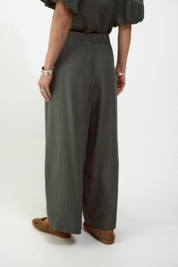 Slowlove Pantal&oacute;n ancho de lino lavado Kaki