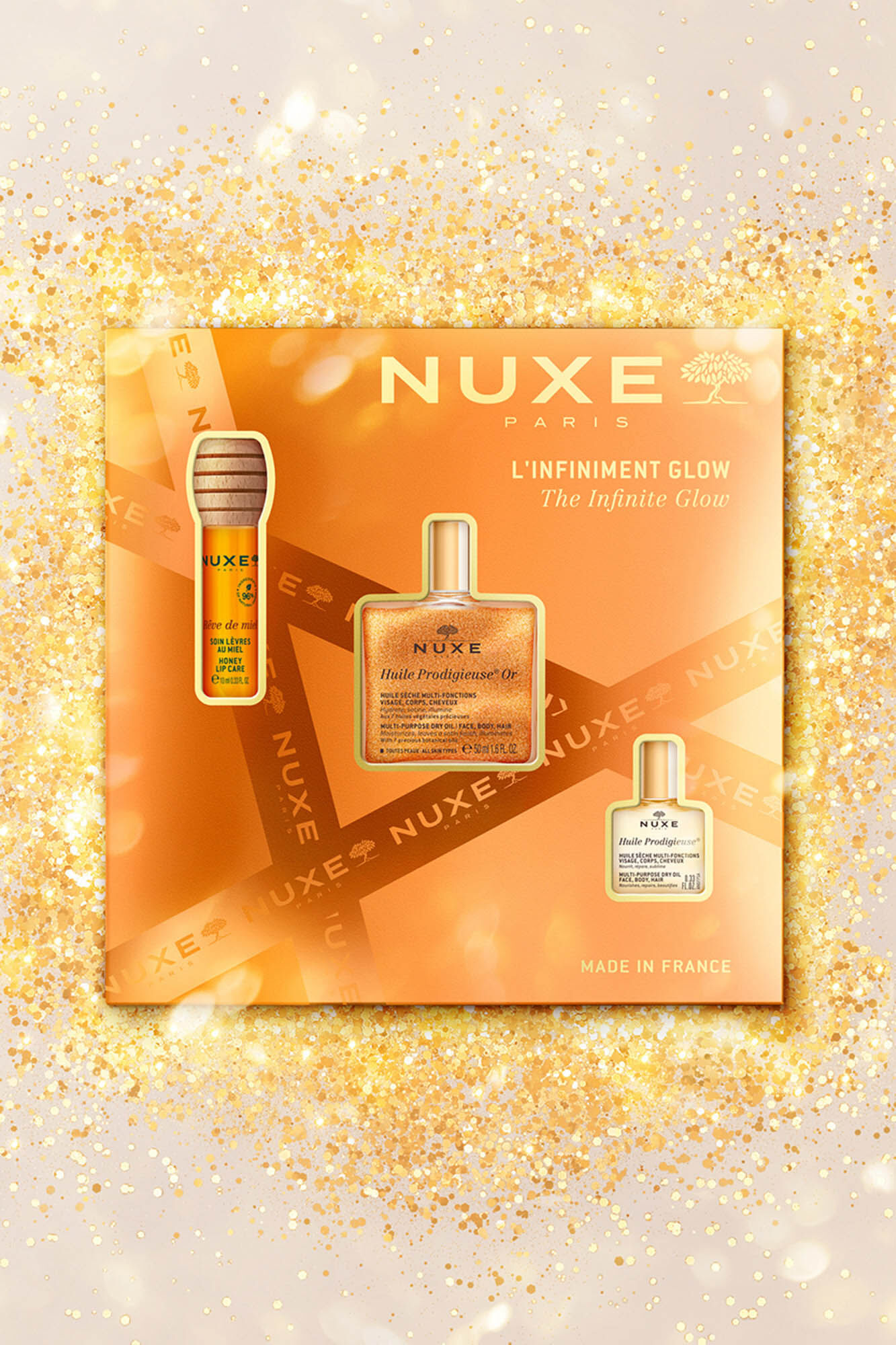 Nuxe NUXE COFRE REGALO GLOW INFINITO - HUILE PROD OR + REVE THE MIEL LABIAL + HUILE CLASSIC