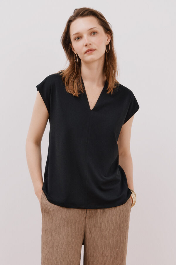 Cortefiel Camiseta estampada com decote em bico franzido Preto