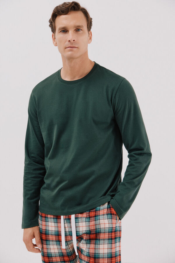 Cortefiel Jersey-knit and cloth pyjama set Dark green