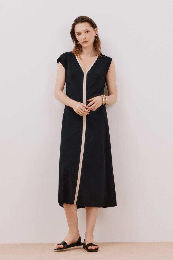 Cortefiel Vestido escote pico contraste Black