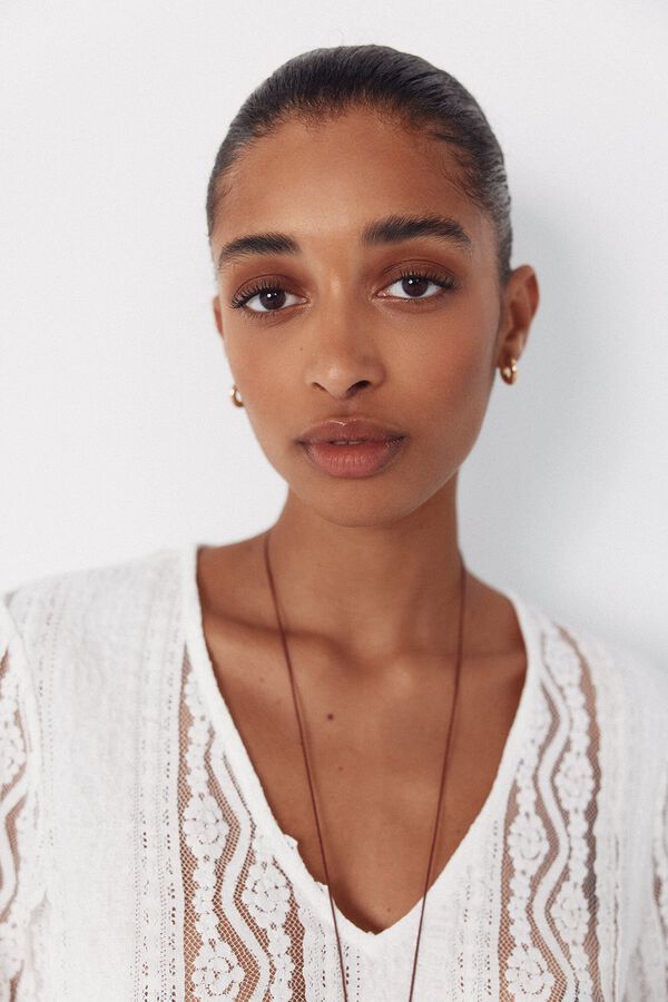 Cortefiel Top encaja escote pico Blanco