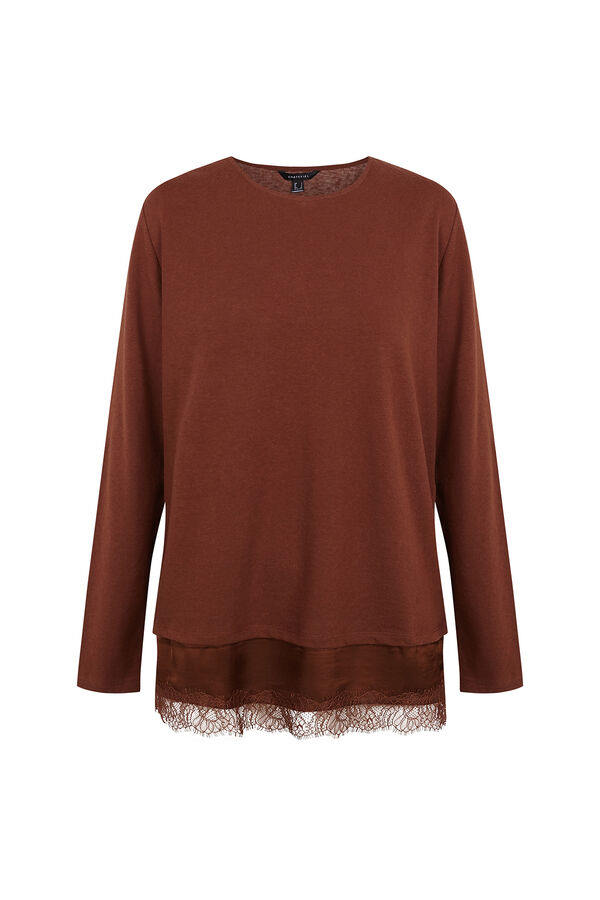 Cortefiel T-shirt com bainha plana e detalhe de renda Castanho