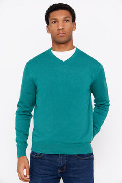 Cortefiel Essential cotton V-neck jumper Green