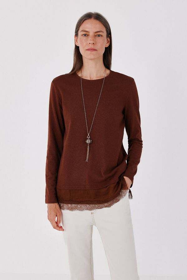 Cortefiel T-shirt com bainha plana e detalhe de renda Castanho