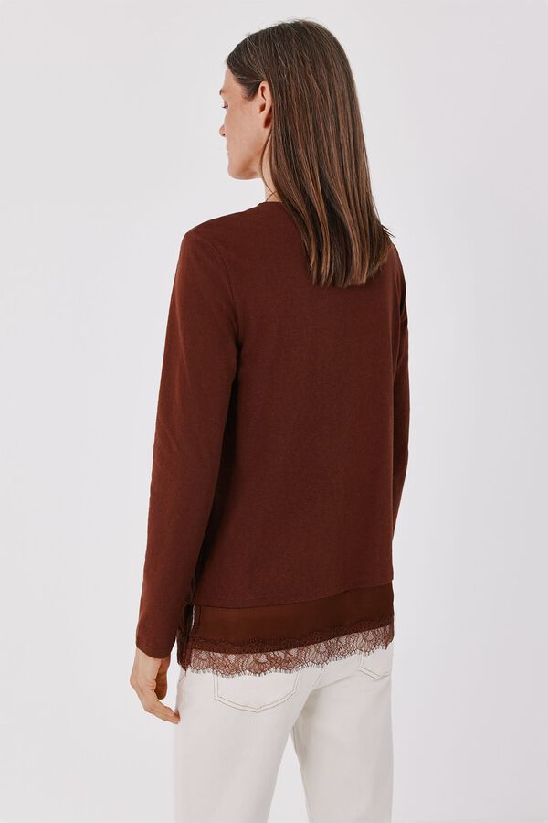 Cortefiel T-shirt com bainha plana e detalhe de renda Castanho