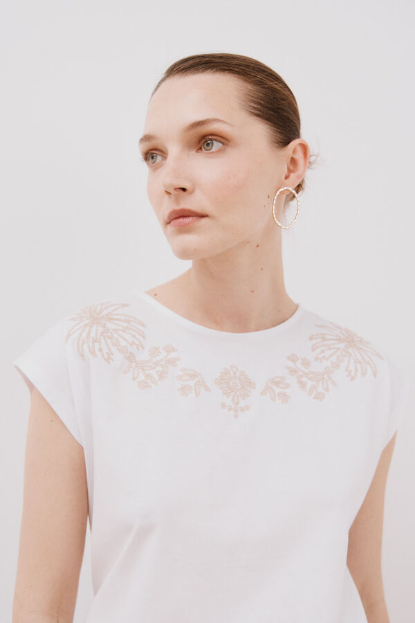 Cortefiel Camiseta sin mangas estampada y bordada Blanco