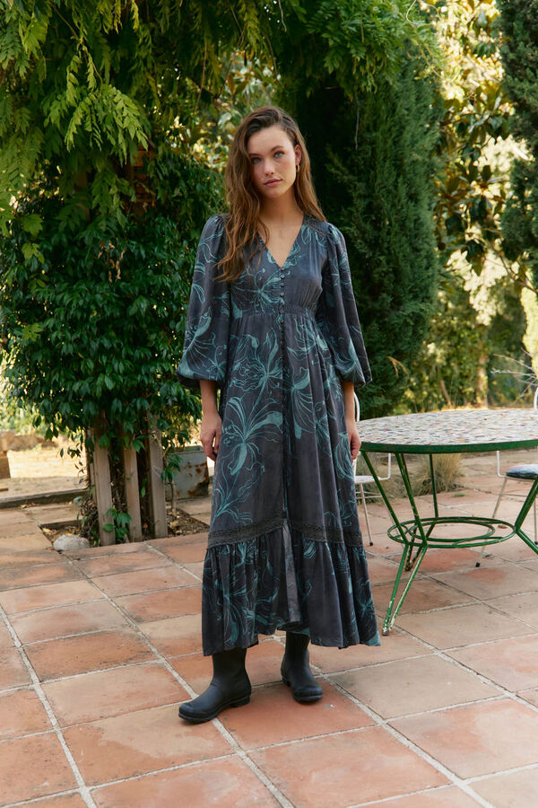 Jaase Vestido largo Carmen manga larga estampado midnight lilly Estampado gris