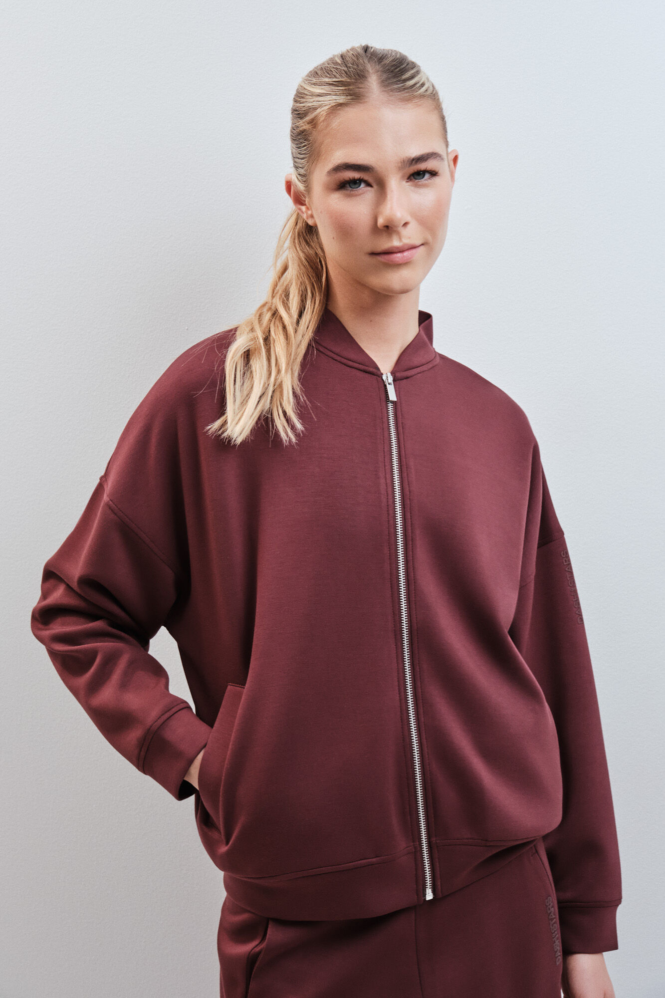 Dash and Stars Burgundy soft touch bomber jacket