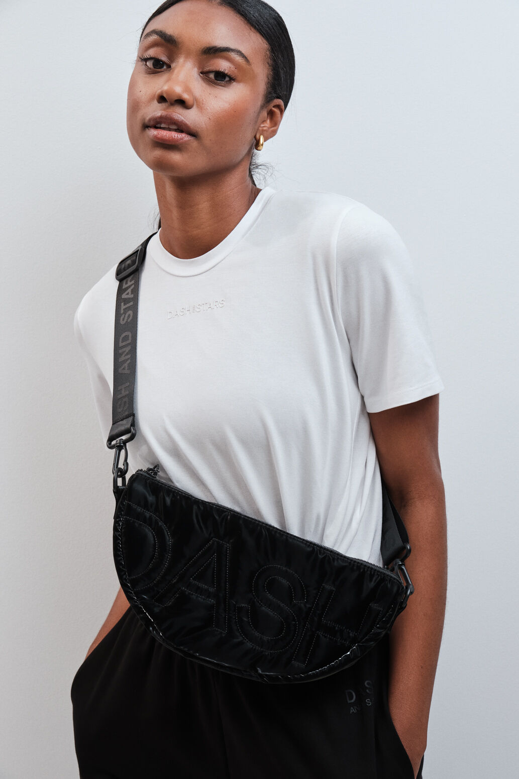 Dash and Stars Black metallic nylon crossbody bag