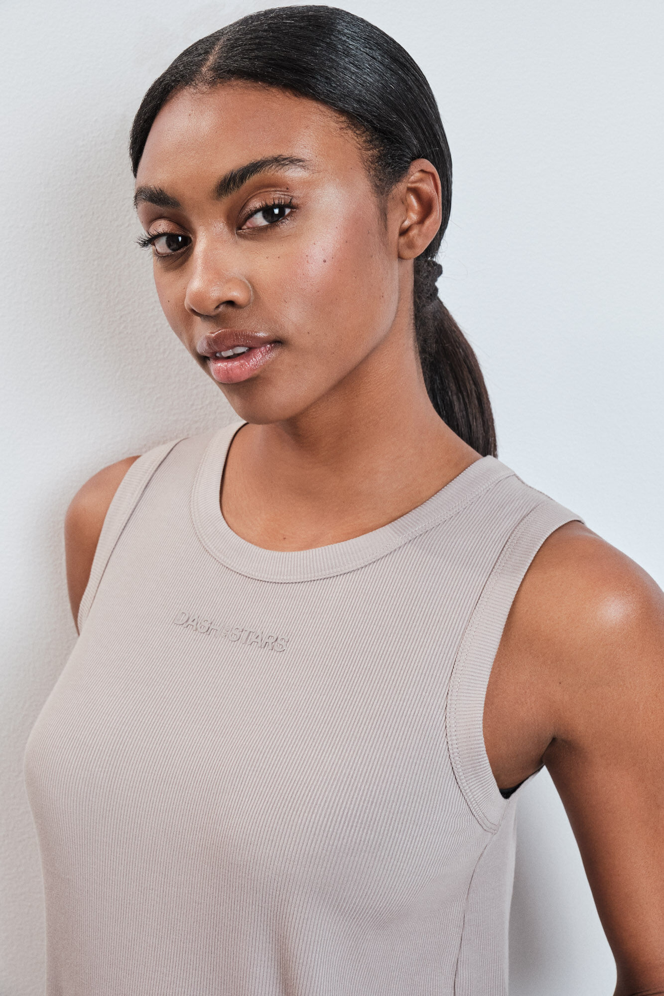 Dash and Stars Beige ribbed vest top