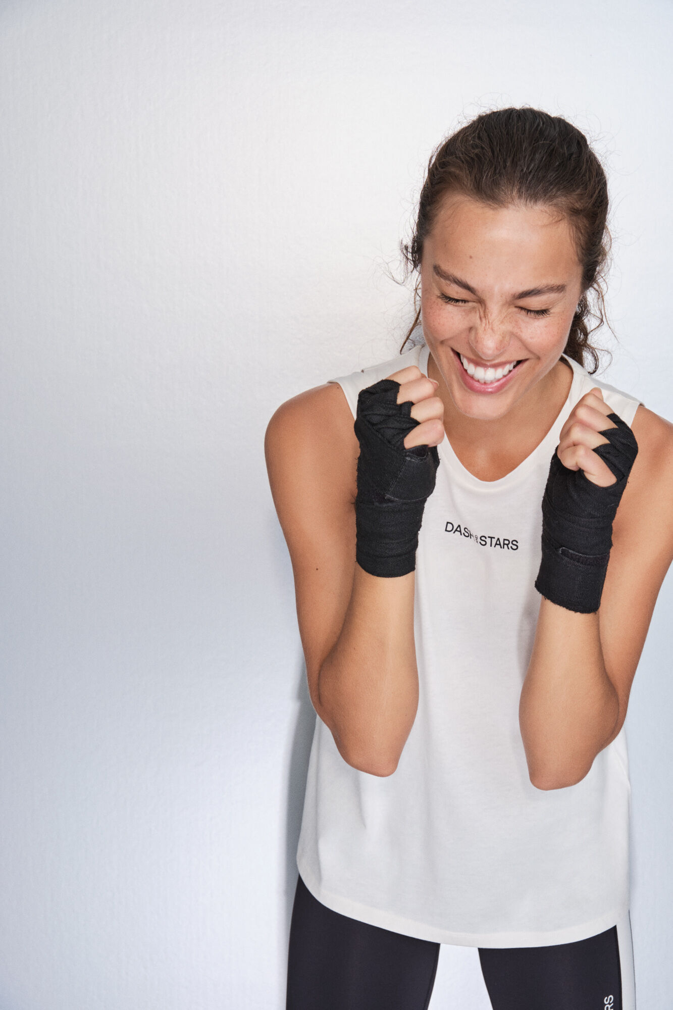 Dash and Stars White cotton sleeves halterneck T-shirt