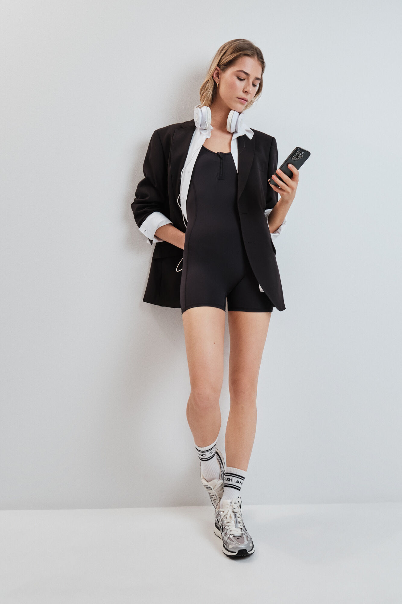 Dash and Stars Black 4-way stretch short playsuit