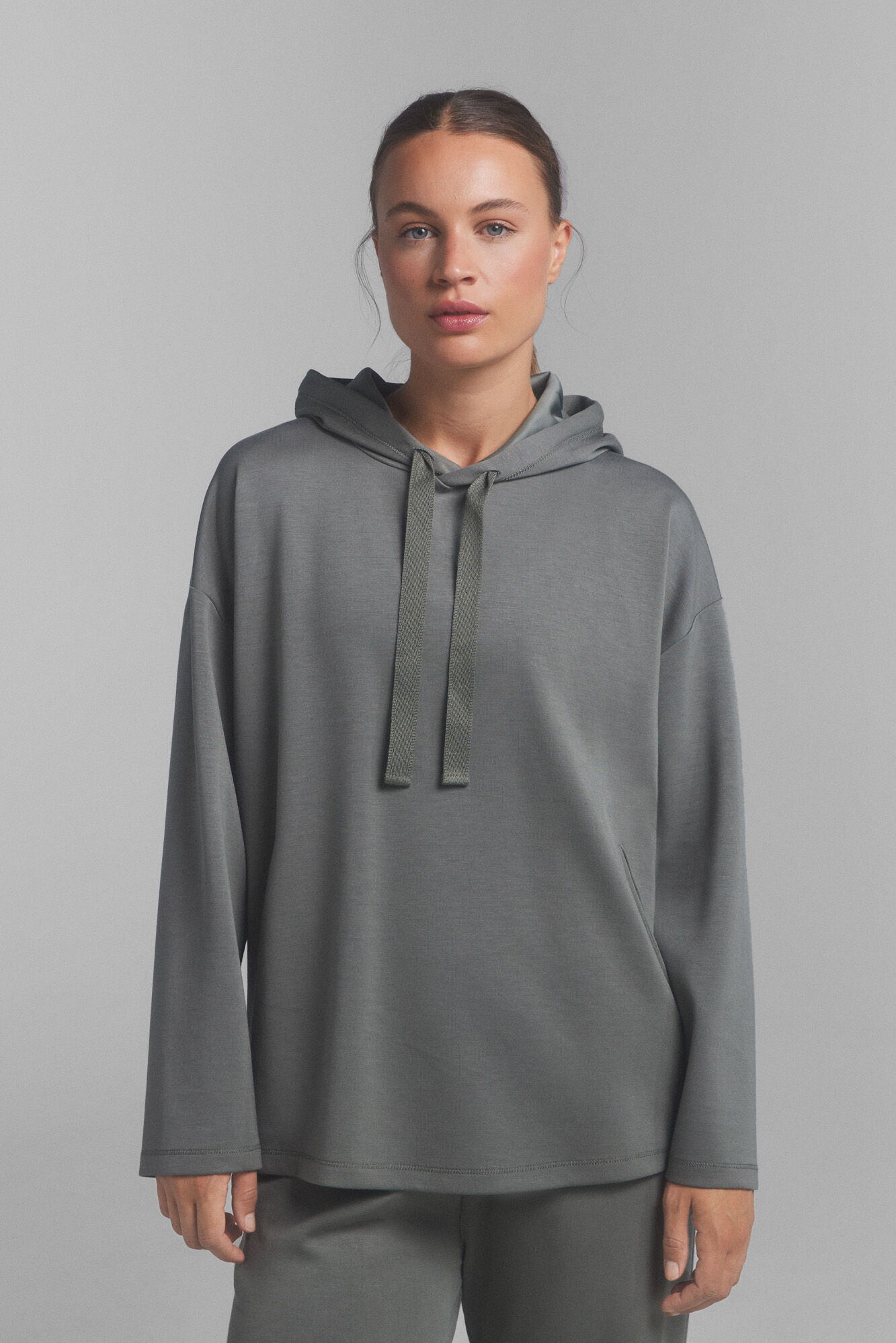 Dash and Stars Soft khaki hood sweatshirt.