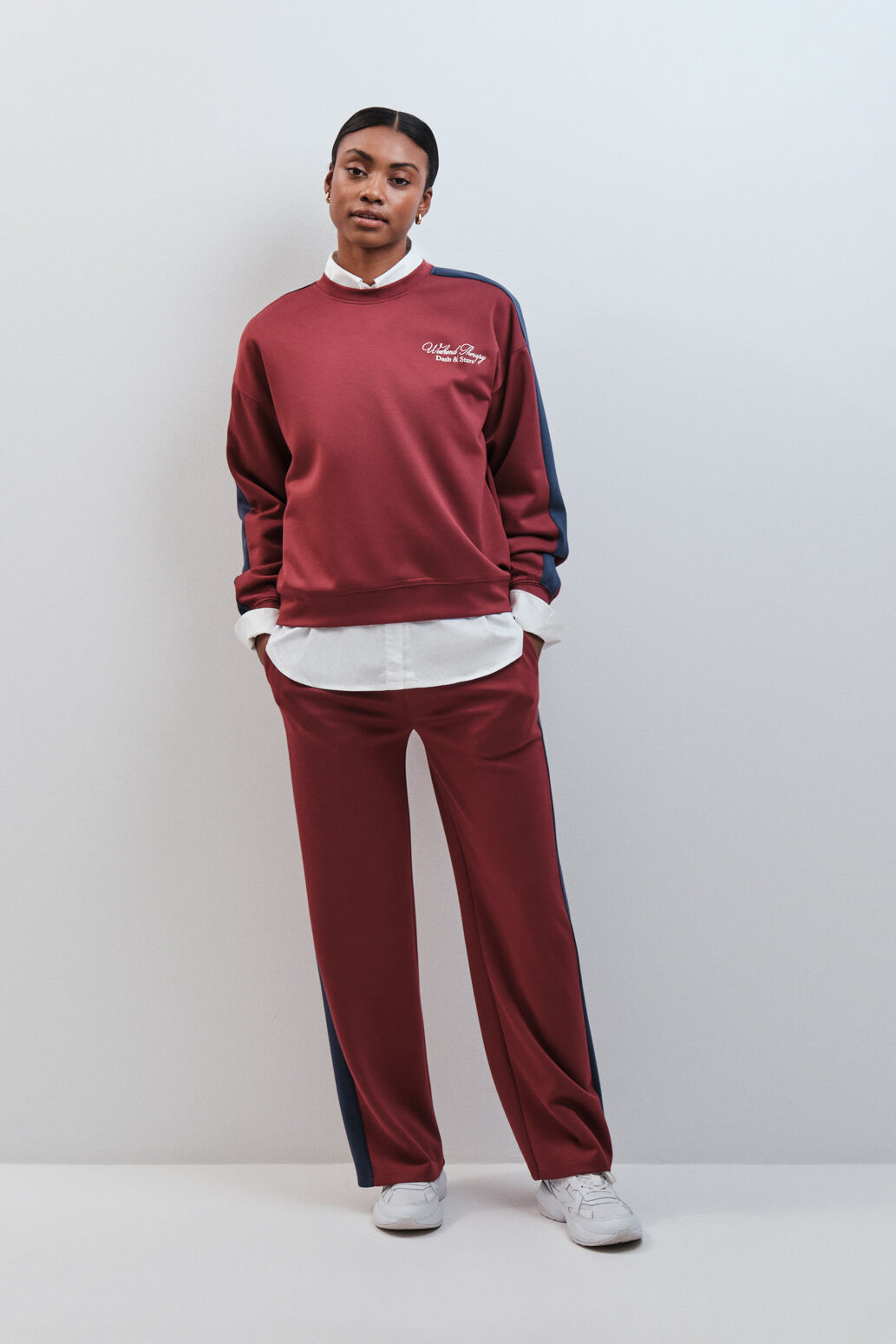 Dash and Stars Burgundy soft touch wide leg long trousers