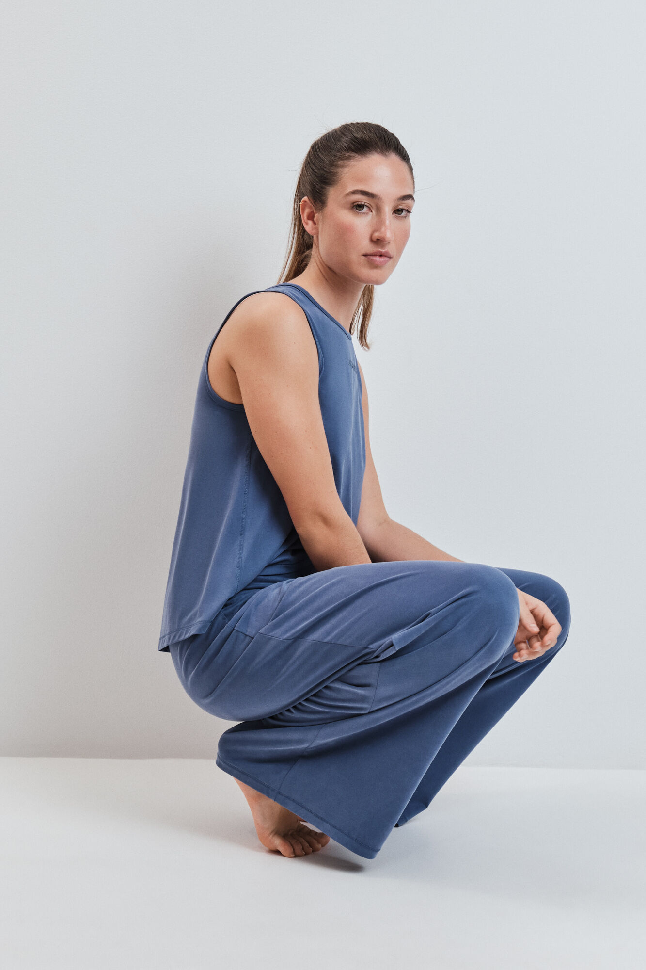 Dash and Stars Blue soft touch long palazzo trousers