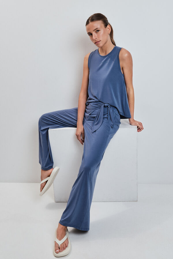 Dash and Stars Blue soft touch long palazzo trousers blue