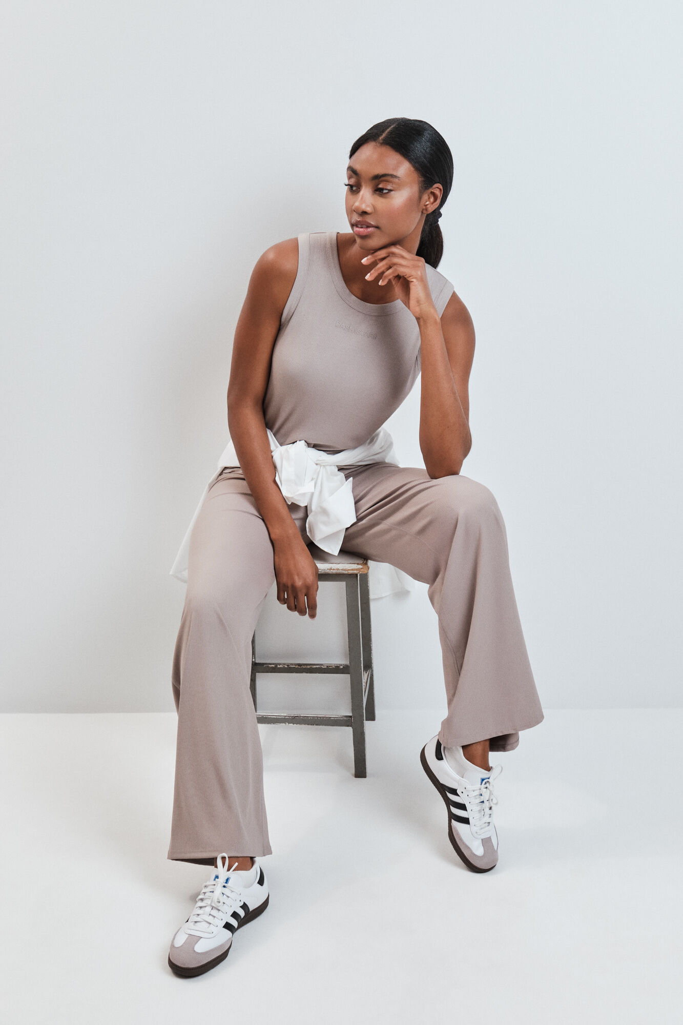 Dash and Stars Beige ribbed long palazzo trousers