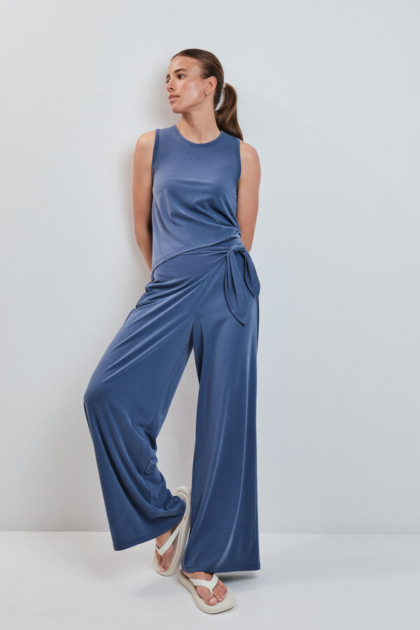 Dash and Stars Blue soft touch long palazzo trousers blue