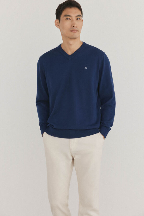 Pedro del Hierro gola de malha fina de algodão premium com bico Azul