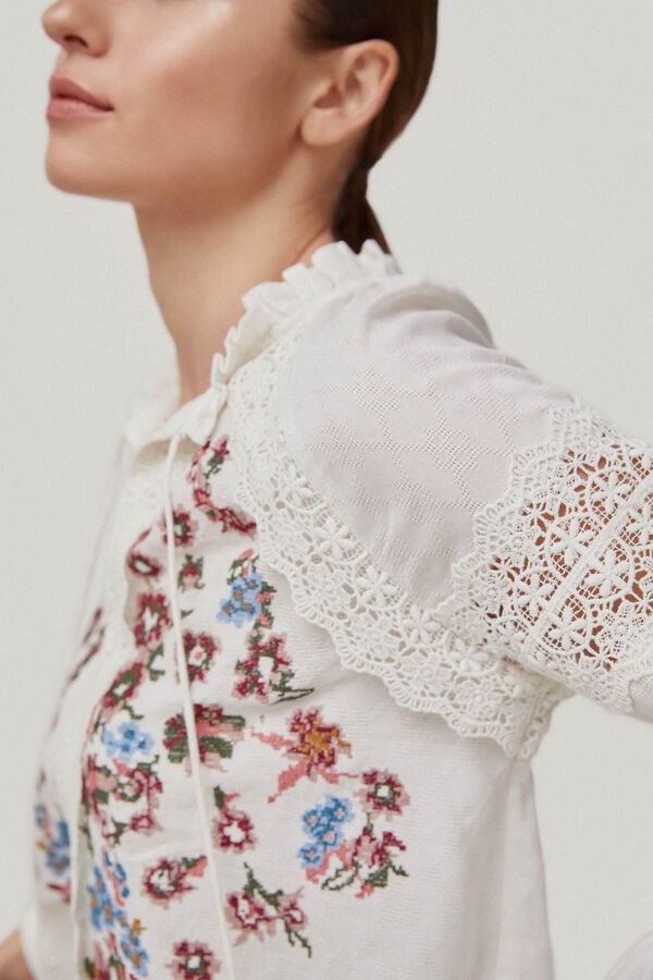 Pedro del Hierro Cross-stitch embroidered blouse Beige