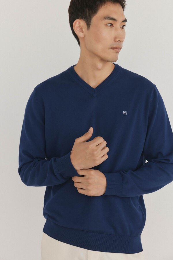 Pedro del Hierro gola de malha fina de algodão premium com bico Azul