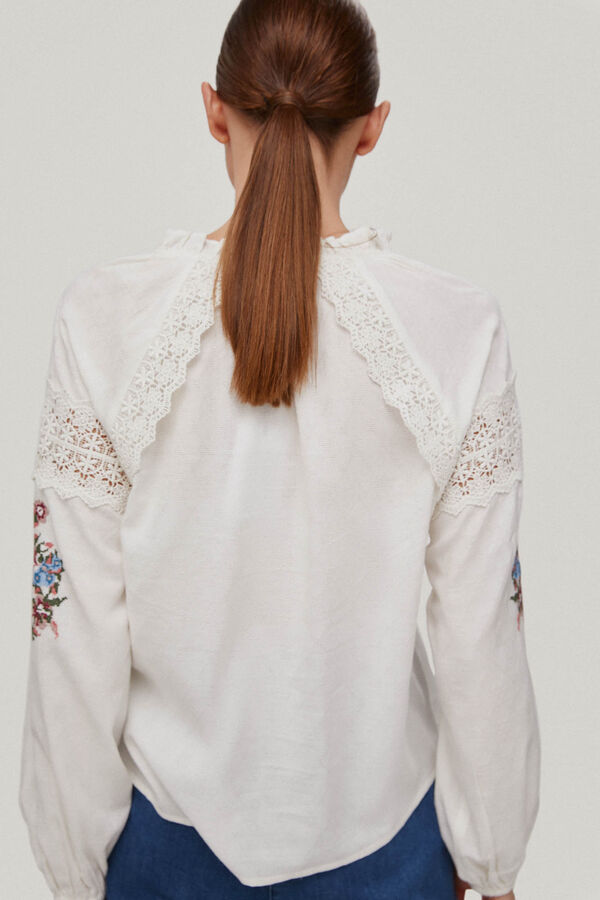 Pedro del Hierro Cross-stitch embroidered blouse Beige