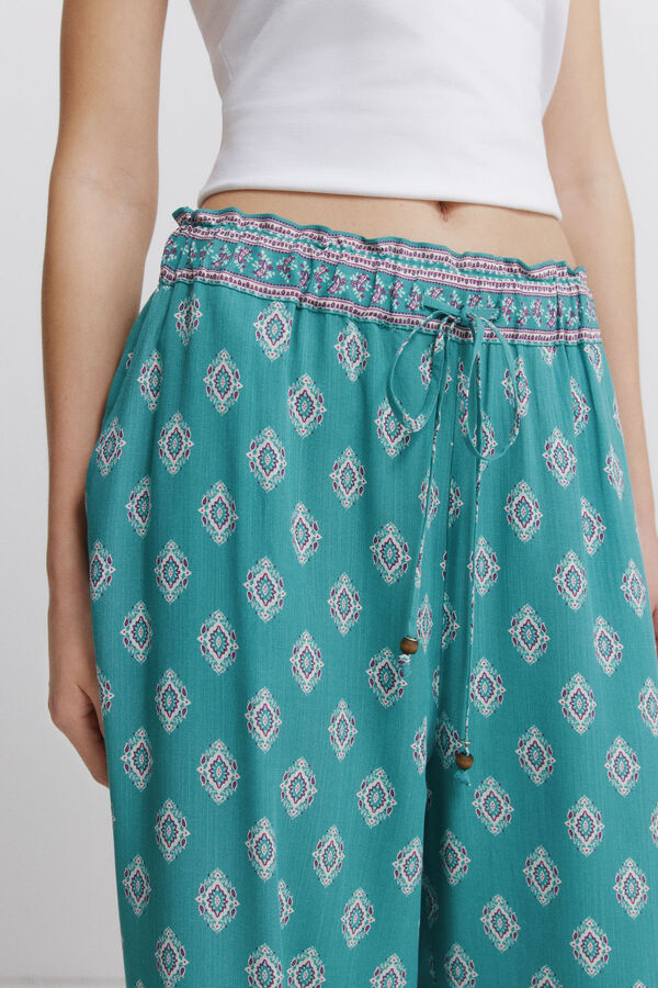 Springfield Pantalone sa printom od rustičnog platna sa učkurima Zelena
