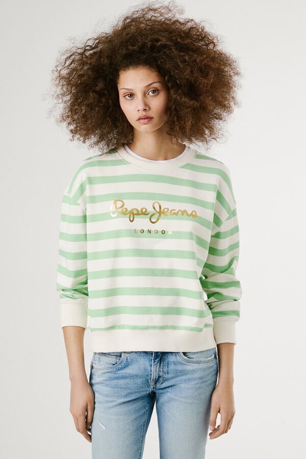 Pepe Jeans Sudadera de manga larga a rayas con logo frontal verde