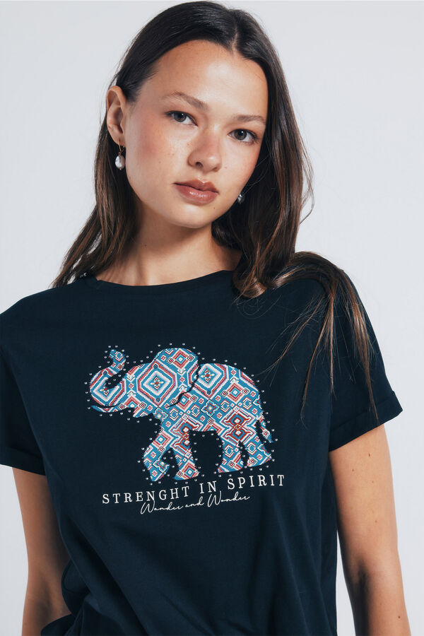 Springfield T-Shirt Donna Con Ricamo Svizzero Sulle Maniche - Tinta Unita, Maniche Corte Scese, Scollo Rotondo - 3