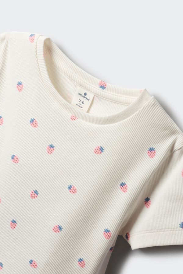 Springfield Kids Majica kratkih rukava sa rebrastim dezenom i jagodama za devojčice Bež
