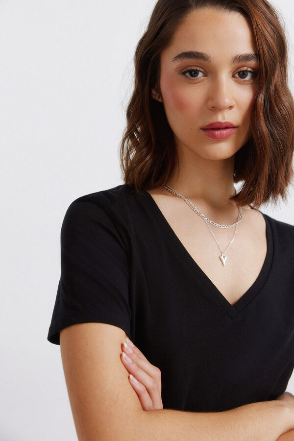 Springfield Pamučna osnovna majica V-izrez Crna