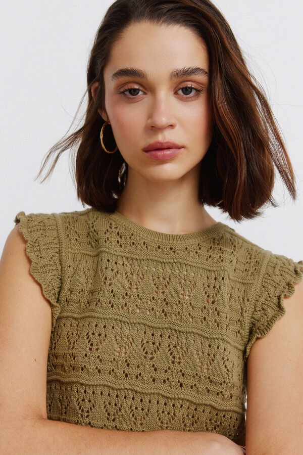 Springfield Top sa volanima od rupičaste tkanine Kaki