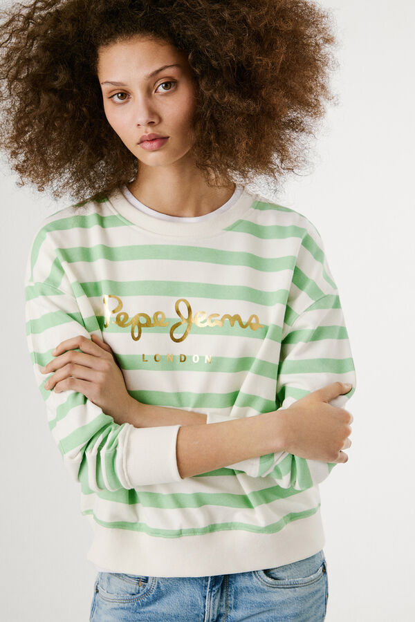Pepe Jeans Sudadera de manga larga a rayas con logo frontal verde