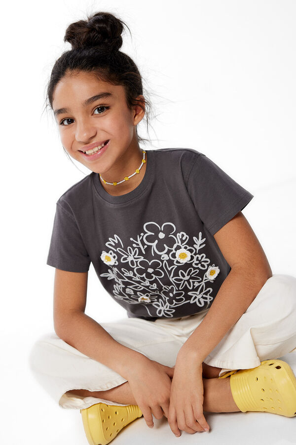 Springfield Girls' floral crochet T-shirt grey mix
