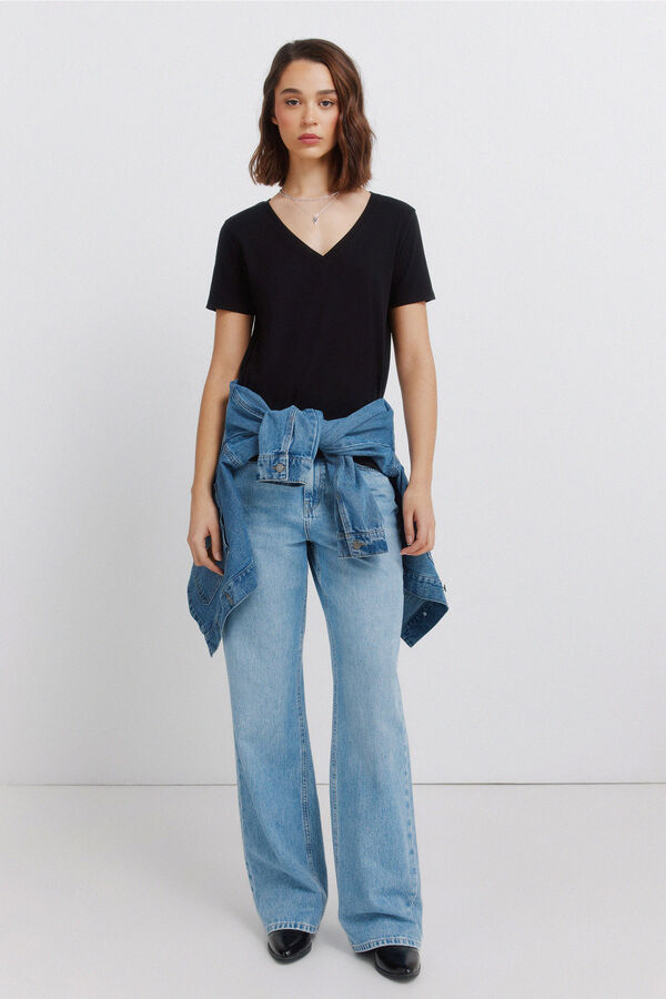 Springfield Pamučna osnovna majica V-izrez Crna