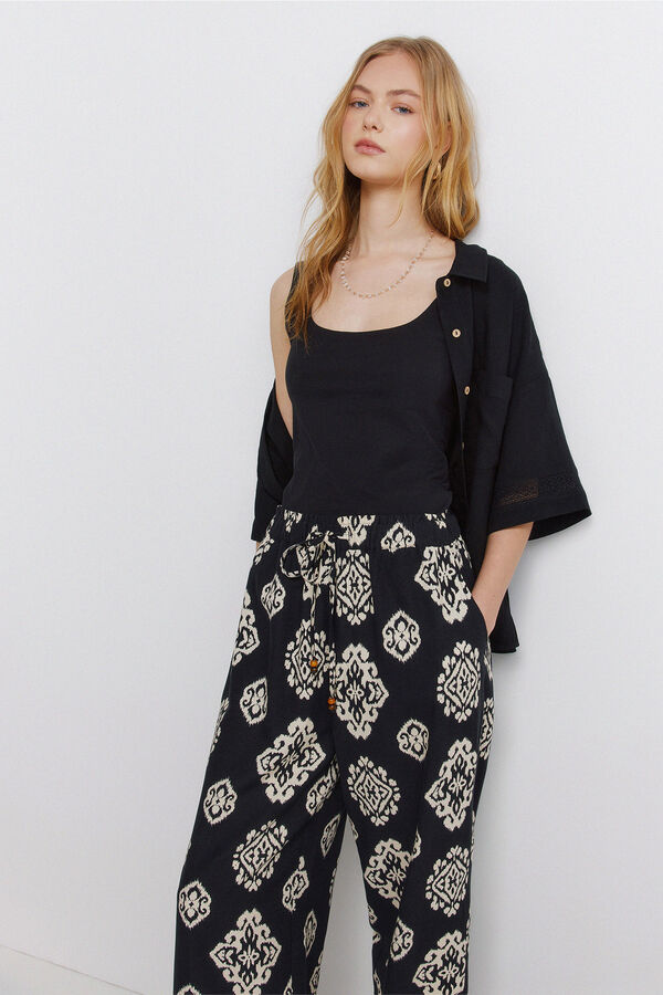 Springfield Pantalone od lana sa printom Crna