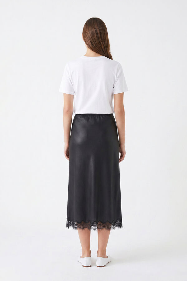 Pieces Falda midi satinada encaje negro