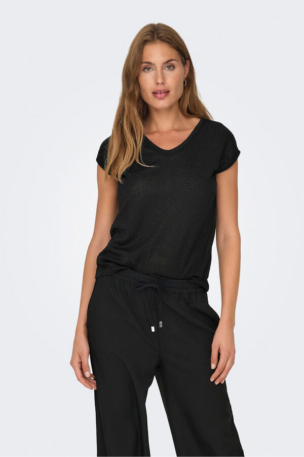 Only T-shirt manga curta em lurex preto