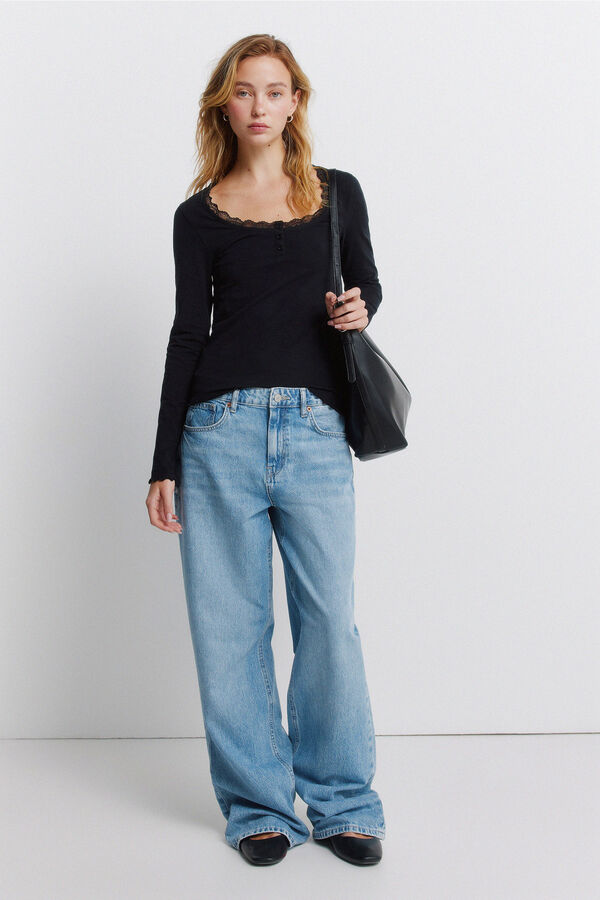 Springfield Čipkasta majica dugih rukava Crna