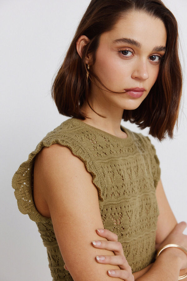 Springfield Top sa volanima od rupičaste tkanine Kaki