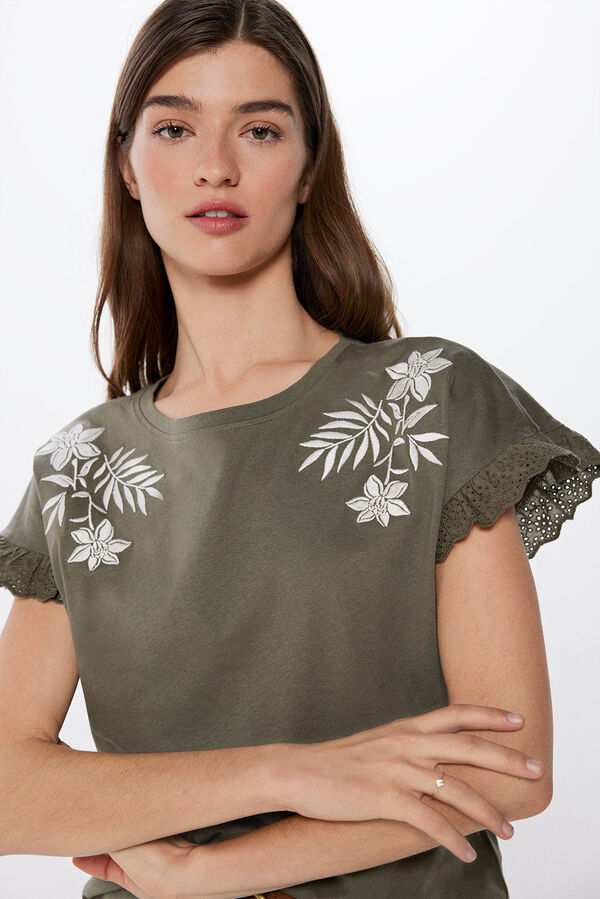 Springfield Camiseta Bordado Flor Tropical kaki claro
