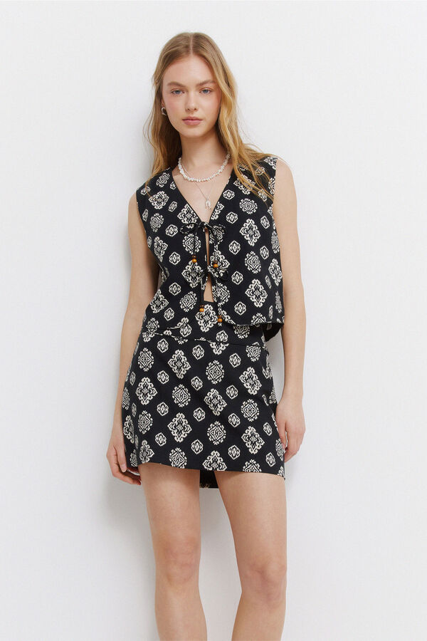 Springfield Kratka suknja od lana sa etno printom Crna