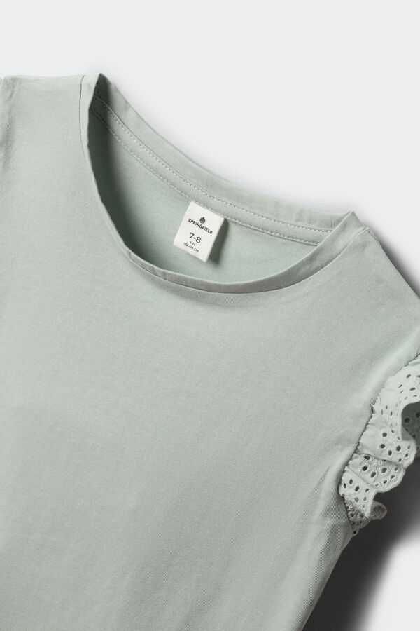 Springfield Kids Majica kratkih rukava sa volanom i vezom za devojčice Zelena