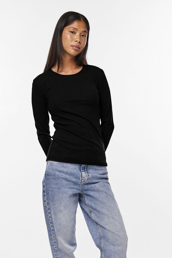 Pieces T-shirt canelada de manga comprida preto