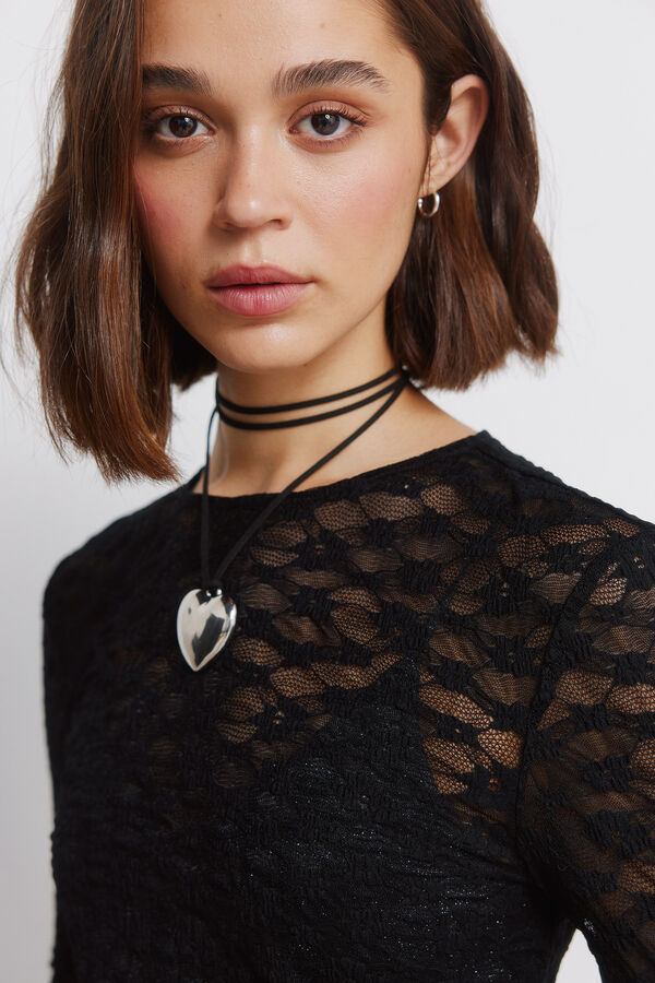 Springfield Majica sa čipkastiom cvetnom majicom Crna